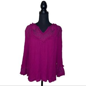 Crown & Ivy Top Long Sleeved Lace Floral Solid Purple Women’s XL